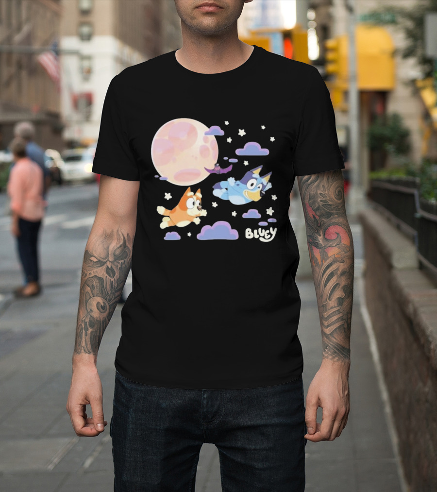 Bluey Sleepy Time Characters Flying With Moon And Stars T-Shirt