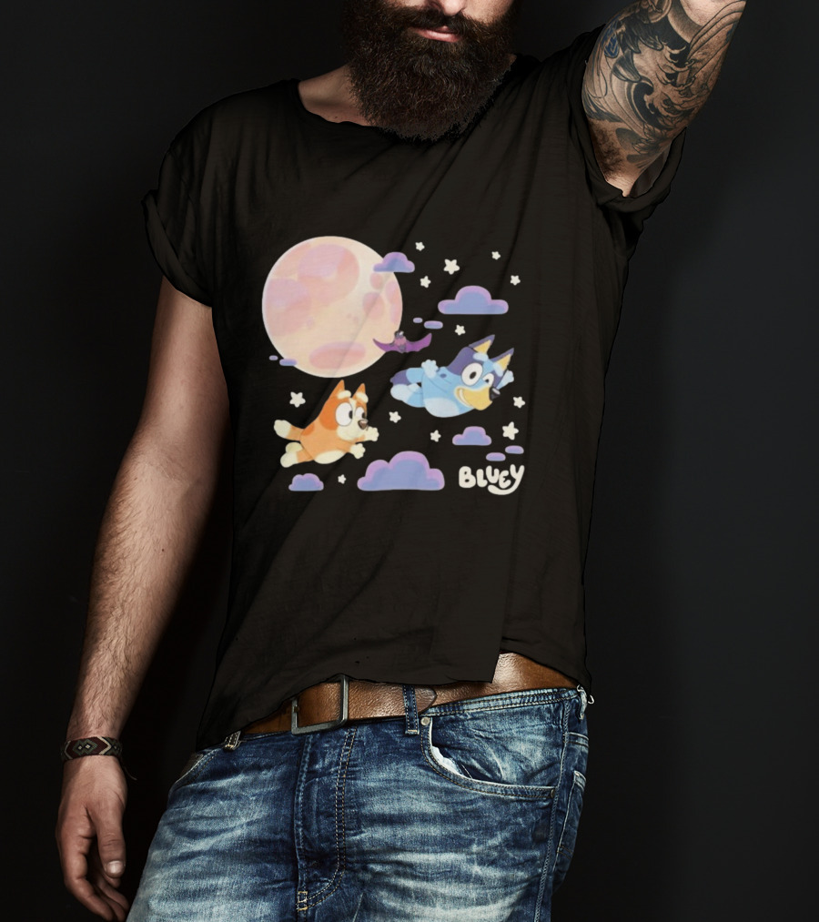 Bluey Sleepy Time Characters Flying With Moon And Stars T-Shirt