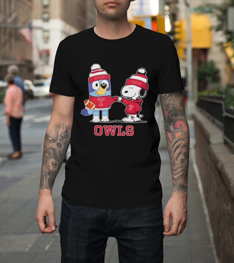 Snoopy Bluey Temple Owls Football Collaboration T-Shirt