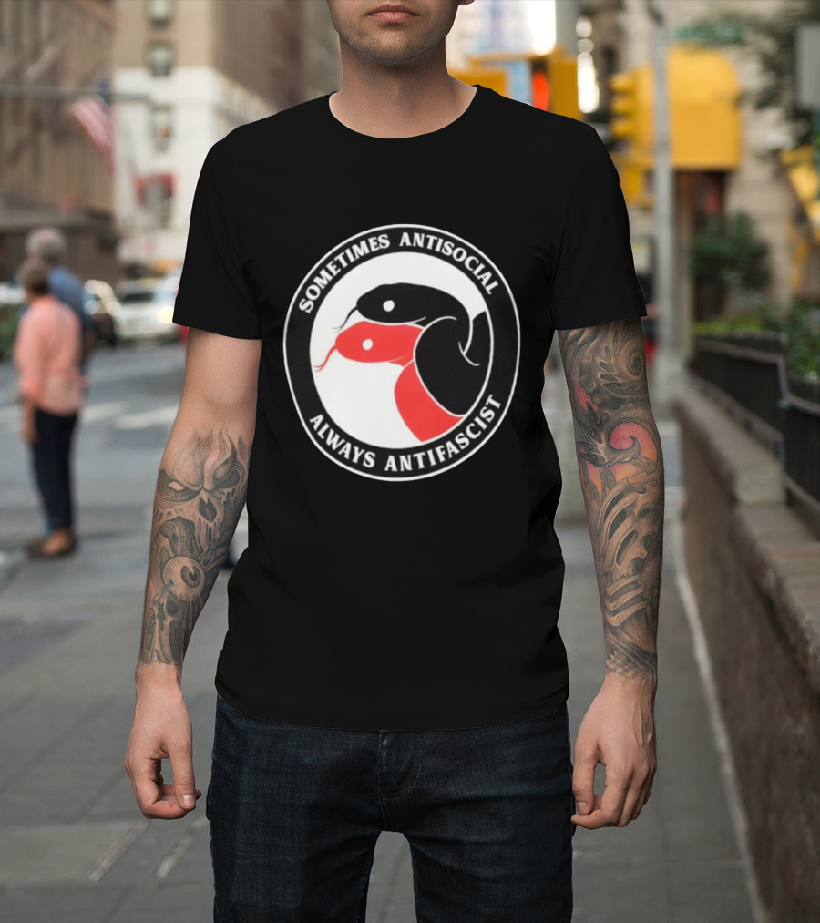 Sometimes Antisocial Always Antifascist Snakes Circle Logo Two Snakes Black And Red T-Shirt