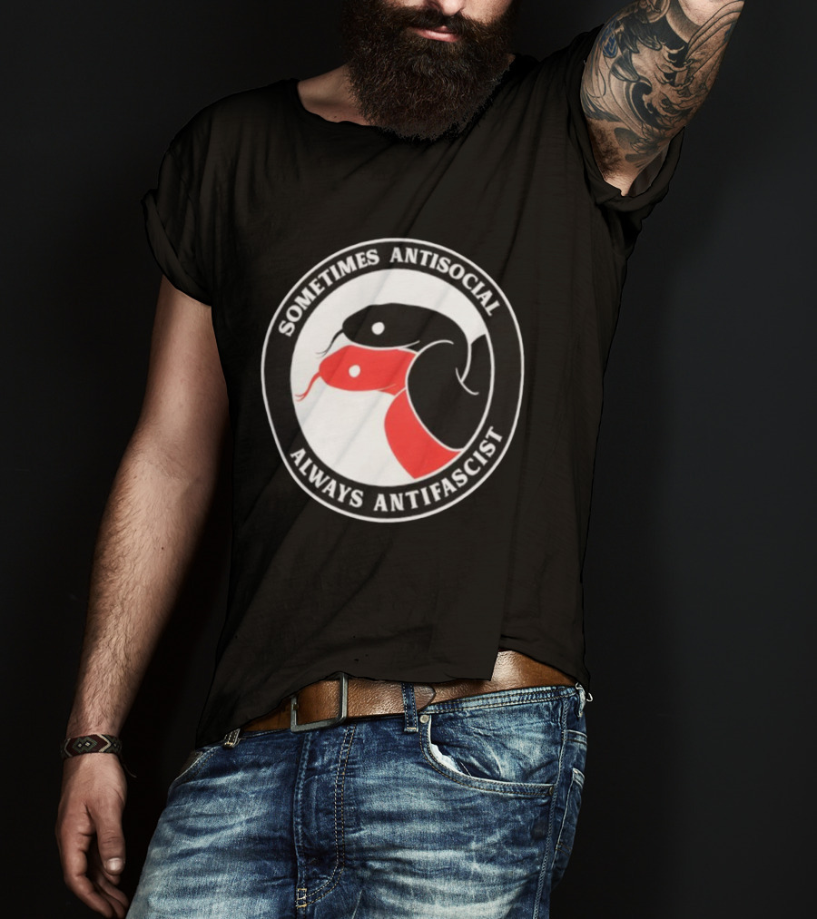 Sometimes Antisocial Always Antifascist Snakes Circle Logo Two Snakes Black And Red T-Shirt