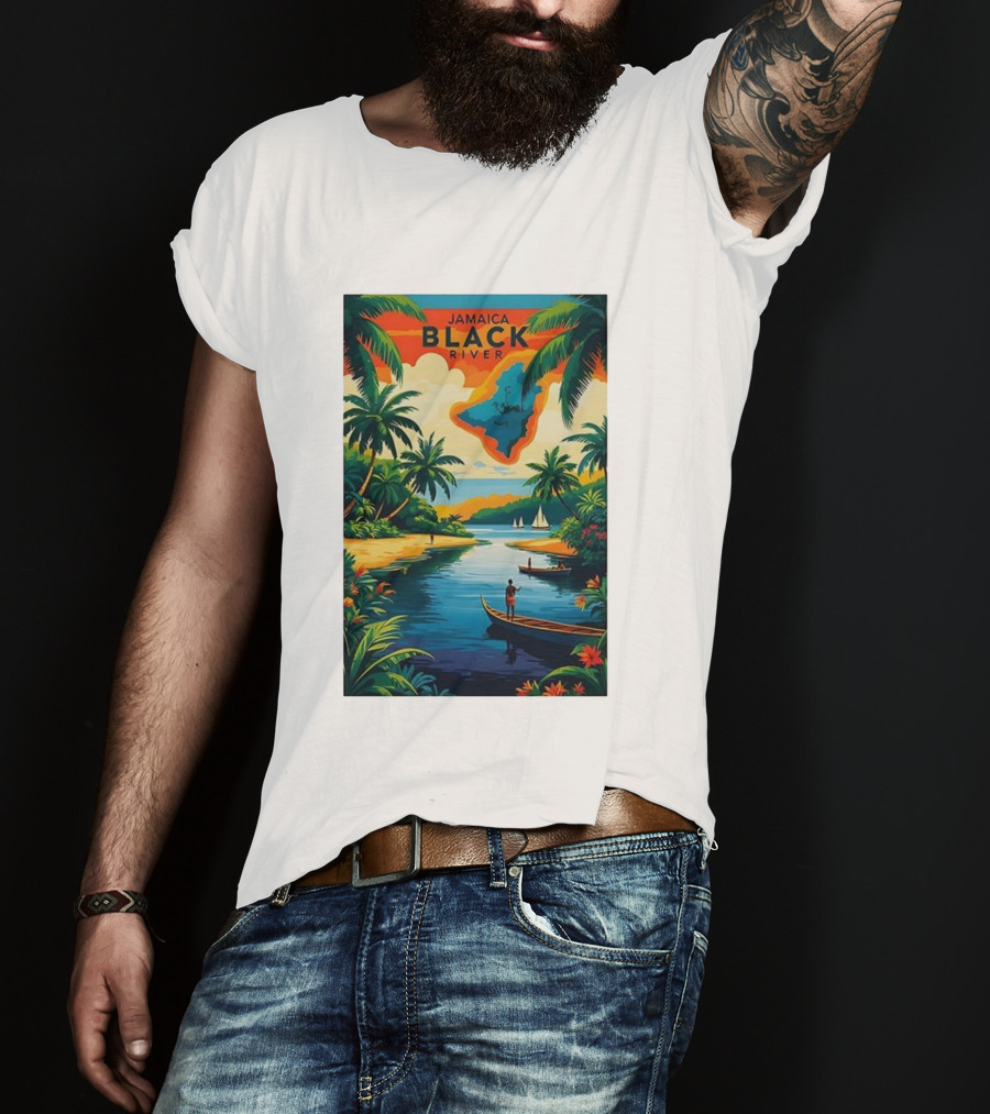 Jamaica Black River Vintage Travel Tropical Scenery With Palm Trees And Boats T-Shirt