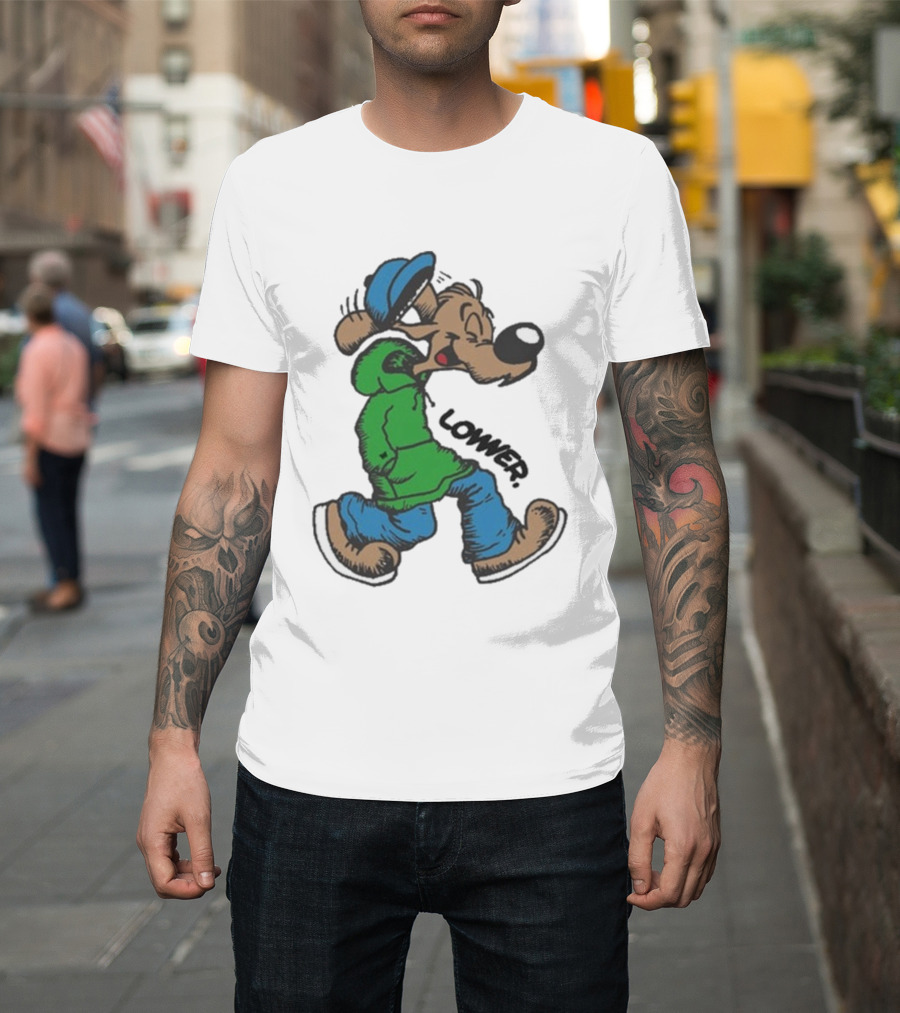 Lower Billie Hood Walkin Cartoon Character In Green And Blue Cap T-Shirt
