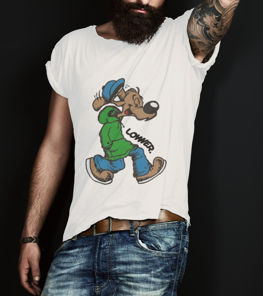 Lower Billie Hood Walkin Cartoon Character In Green And Blue Cap T-Shirt
