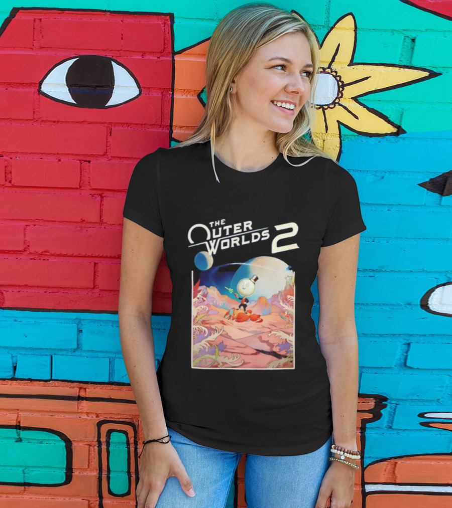 The Outer Worlds 2 Surreal Landscape With Cartoon Character T-Shirt