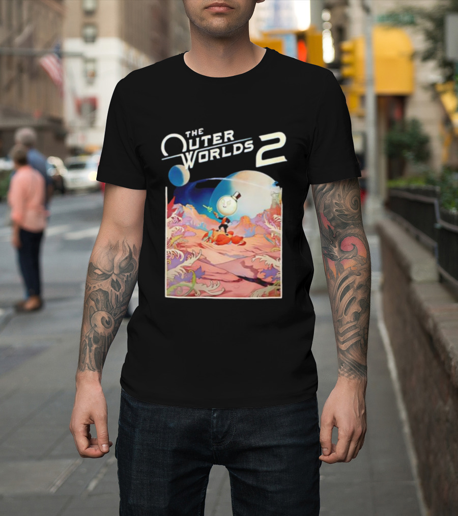 The Outer Worlds 2 Surreal Landscape With Cartoon Character T-Shirt