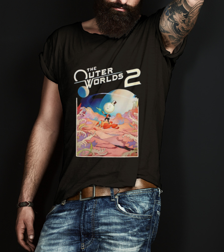 The Outer Worlds 2 Surreal Landscape With Cartoon Character T-Shirt