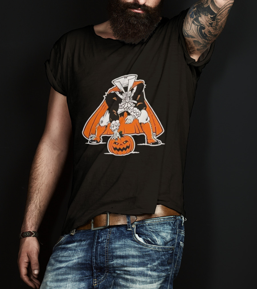 Headless Horseman Halloween Character With Pumpkin Jack O' Lantern Orange Cape Costume T-Shirt
