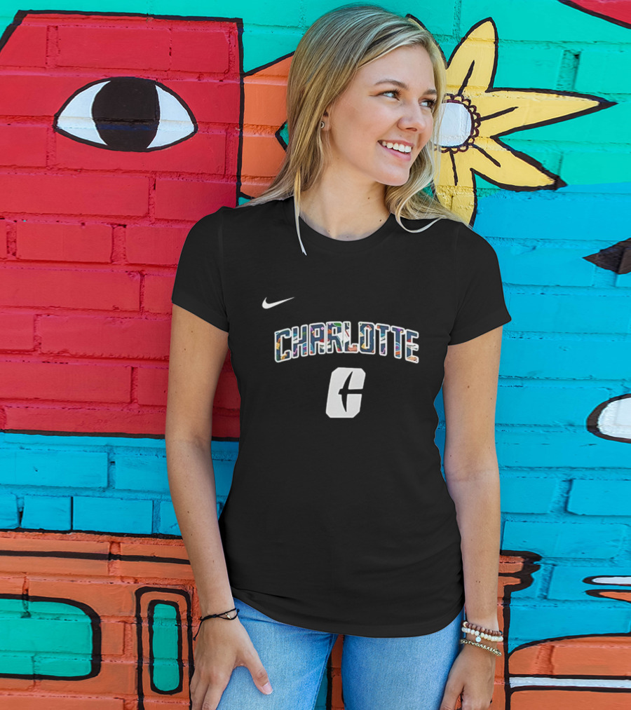 Charlotte C Logo With Nike Swoosh Multicolor Lettering T-Shirt