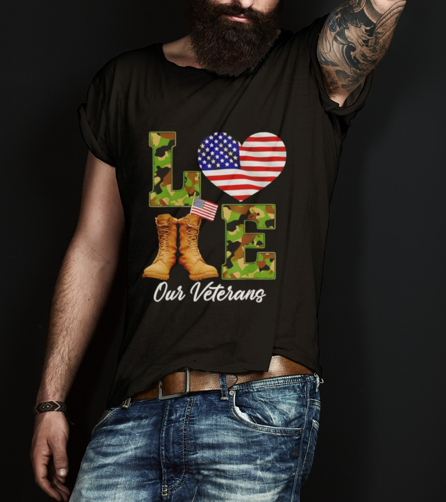 Love Veterans Day American Flag Military Camouflage Boots T-Shirt