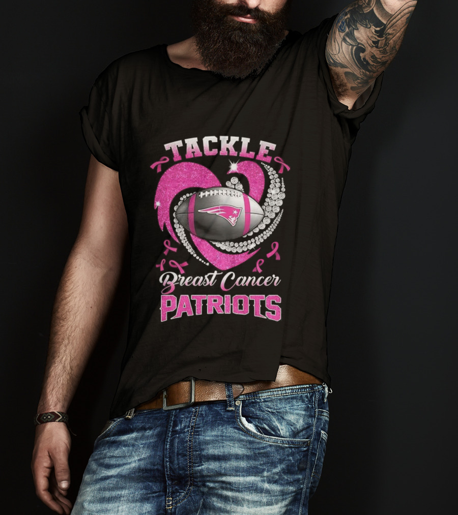 Tackle Breast Cancer New England Patriots Pink Ribbon Heart Football T-Shirt