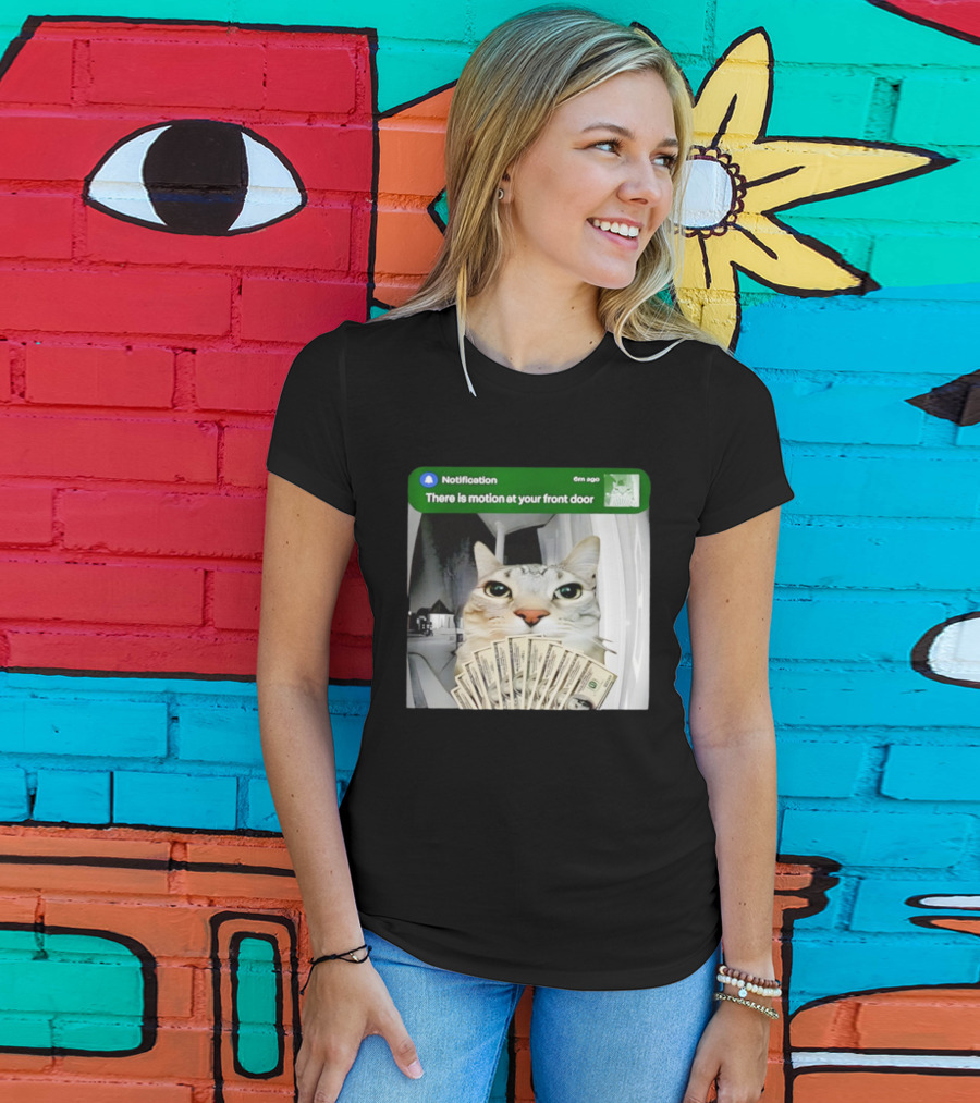 Notification Funny Cat Meme Motion At Your Front Door Money T-Shirt