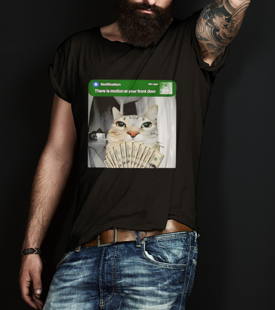 Notification Funny Cat Meme Motion At Your Front Door Money T-Shirt