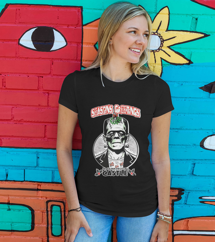 Seasons Greetings Dr. Frankenstein's Castle Christmas T-Shirt