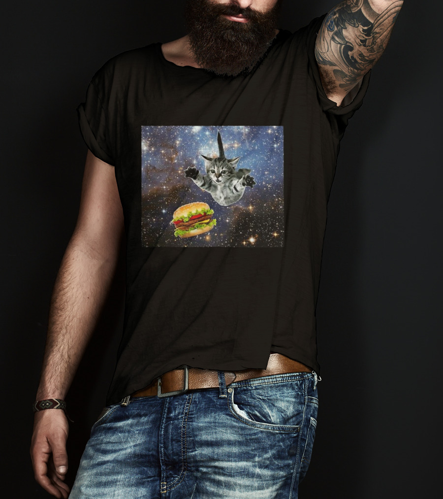 Silly Cats Hamburger Space Adventure With Stars And Galaxy T-Shirt