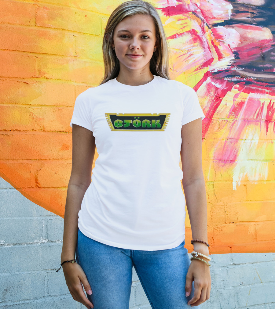 Björk Vintage Green Letters Yellow Border Retro Style T-Shirt