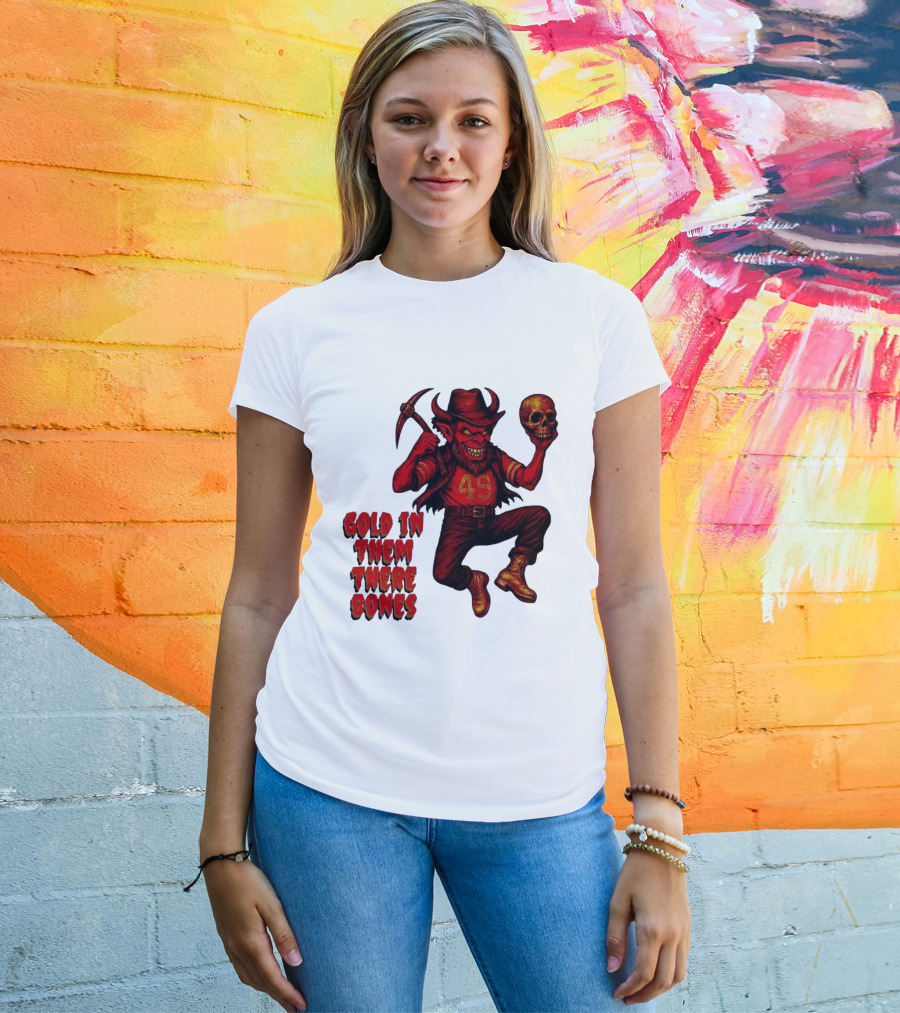 San Francisco 49er Devil Holding Skull Gold In Them There Bones T-Shirt