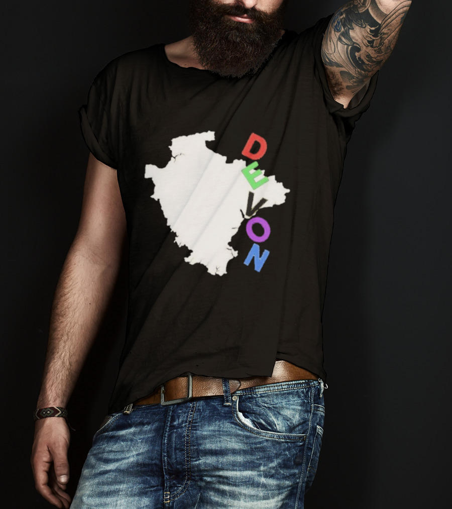 We Are Devon Island Map Outline With Colorful Vertical Text T-Shirt