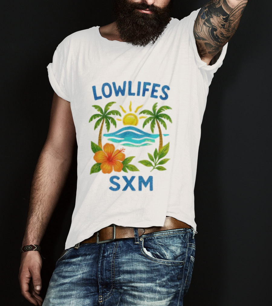 Lowlifes SXM Tropical Sunset 2025 Palms Hibiscus Ocean Sun T-Shirt