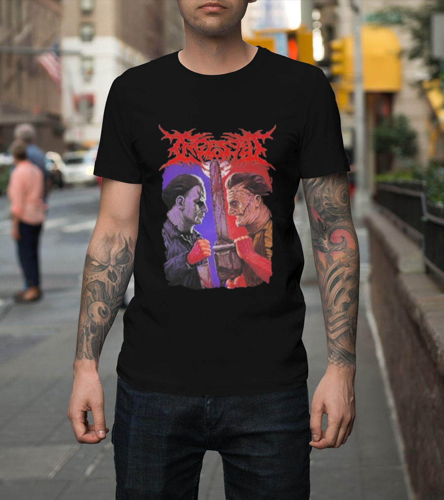 Michael Myers Freddy Krueger Ingested Chainsaw Showdown Graphic T-Shirt