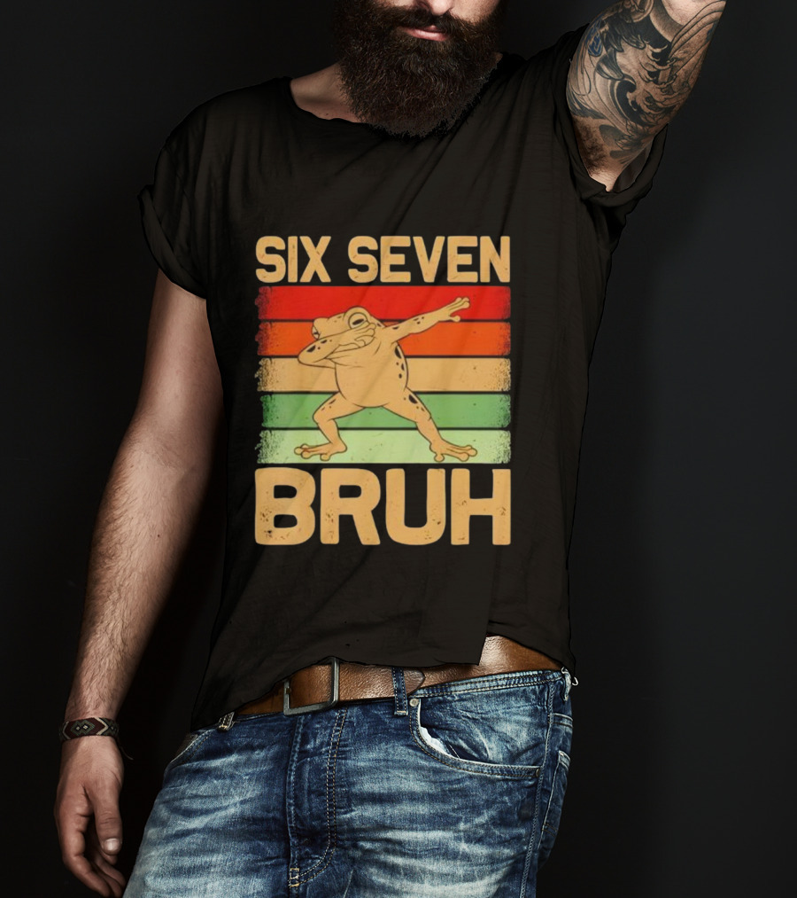Six Seven Bruh Dab Frog Retro Stripes T-Shirt