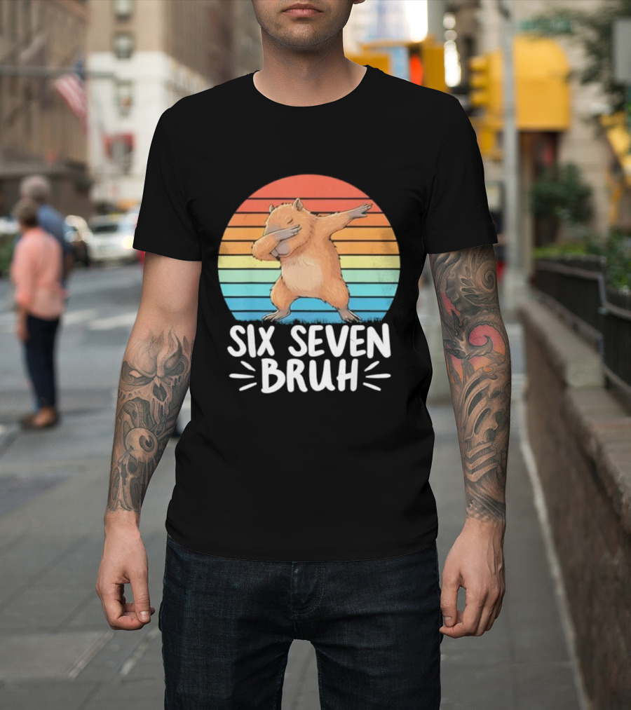67 Meme Capybara Dabbing Six Seven Bruh Rainbow Retro T-Shirt