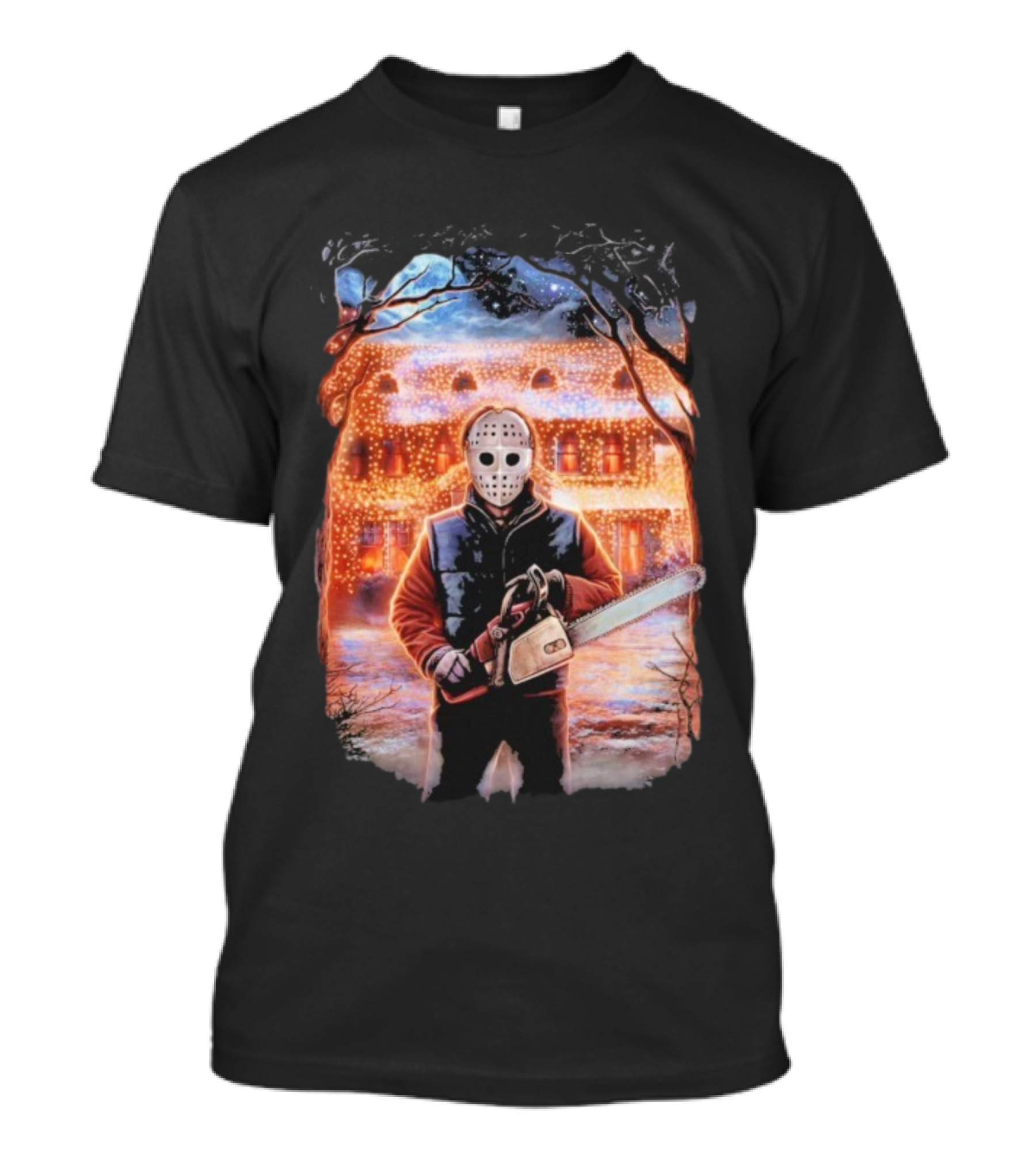 Clark’s Revenge Chainsaw Christmas Lights Hockey Mask Retro Horror Holiday T-Shirt