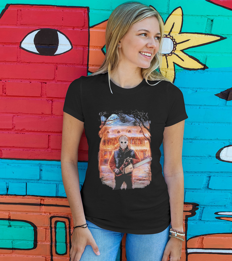 Clark’s Revenge Chainsaw Christmas Lights Hockey Mask Retro Horror Holiday T-Shirt