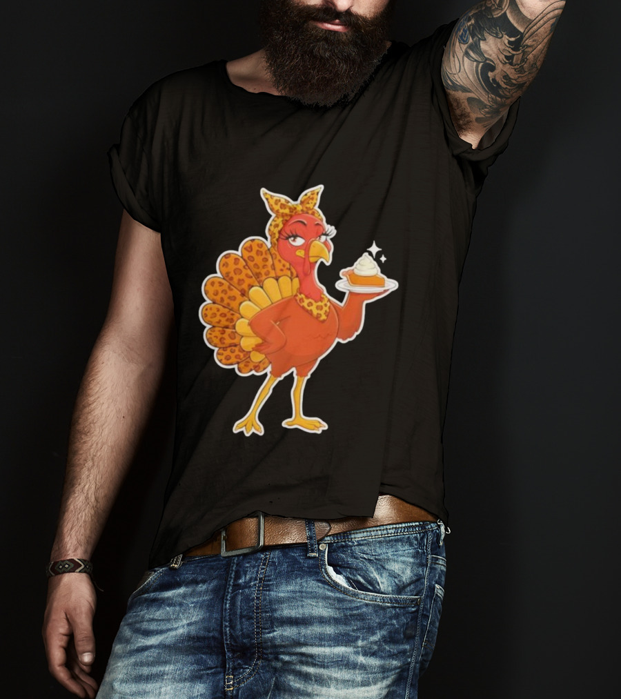 Leopard Print Turkey With Pumpkin Pie Thanksgiving T-Shirt