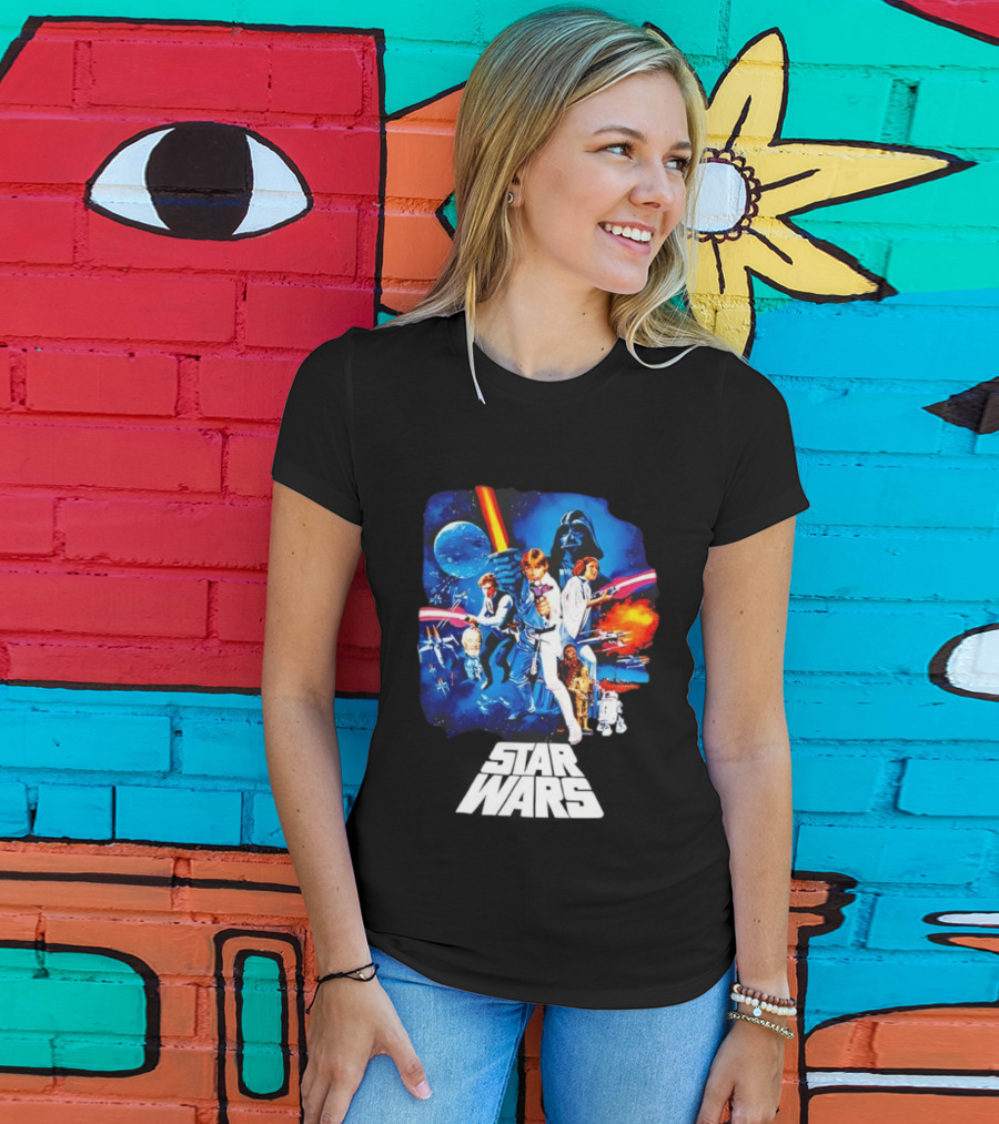 Star Wars New Hope Retro Darth Vader Luke Skywalker Leia Han Solo Chewbacca R2-D2 C-3PO Vintage Galactic Battle Scene T-Shirt
