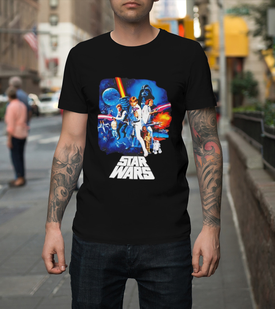 Star Wars New Hope Retro Darth Vader Luke Skywalker Leia Han Solo Chewbacca R2-D2 C-3PO Vintage Galactic Battle Scene T-Shirt