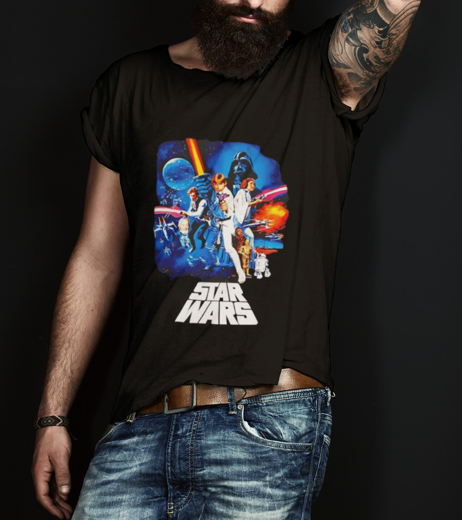 Star Wars New Hope Retro Darth Vader Luke Skywalker Leia Han Solo Chewbacca R2-D2 C-3PO Vintage Galactic Battle Scene T-Shirt
