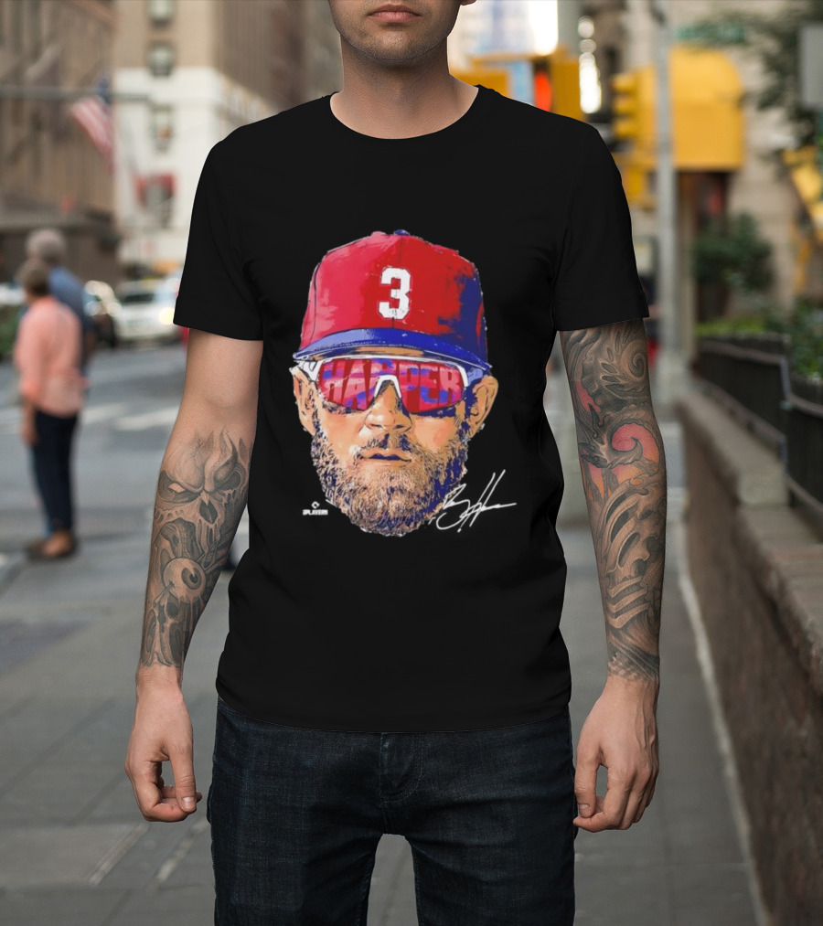 Philadelphia Phillies Bryce Harper Signature Head 3 Cap Sunglasses T-Shirt