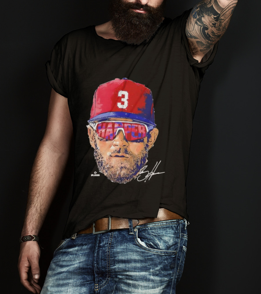 Philadelphia Phillies Bryce Harper Signature Head 3 Cap Sunglasses T-Shirt