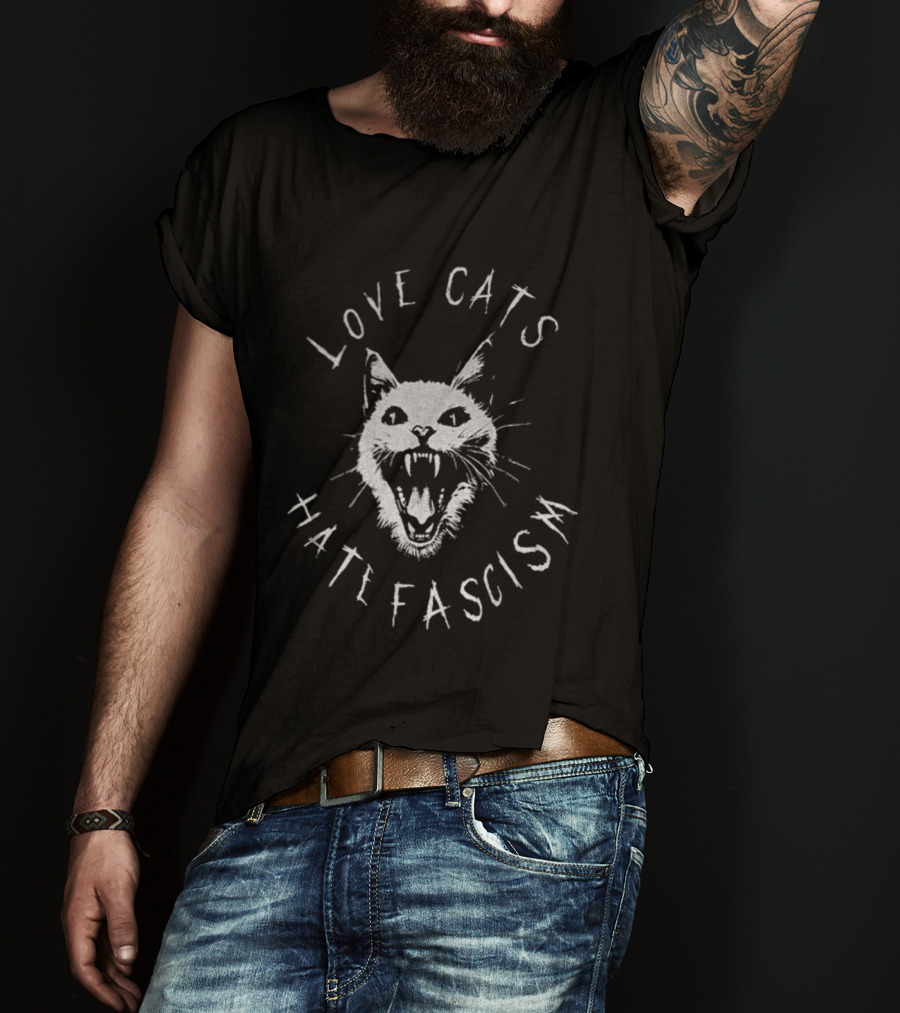 Love Cats Hate Fascism Antifascism Roaring Cat Graphic T-Shirt