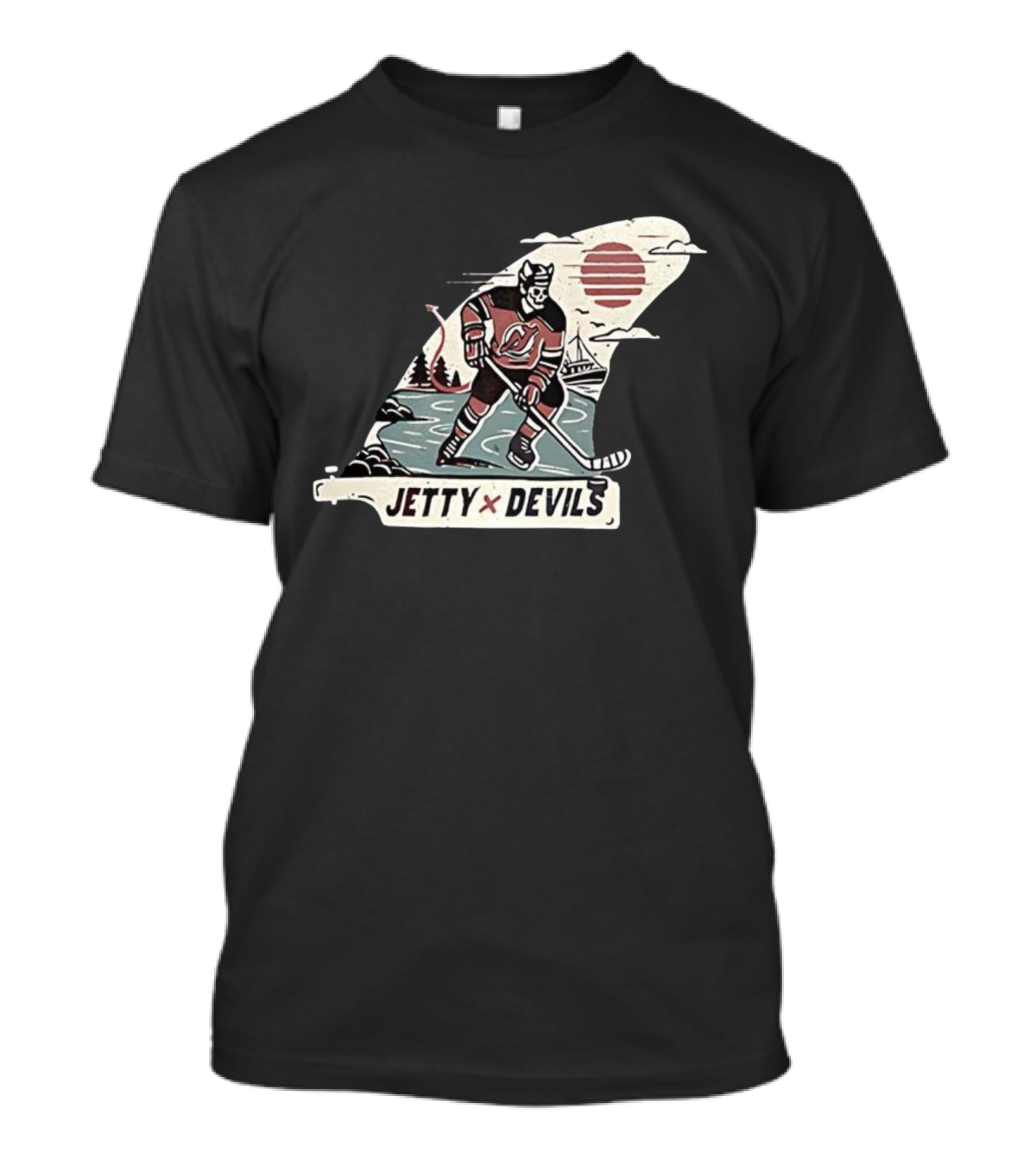 Jetty X New Jersey Devils NHL Player Vintage Skeleton Hockey Sunset Scene T-Shirt