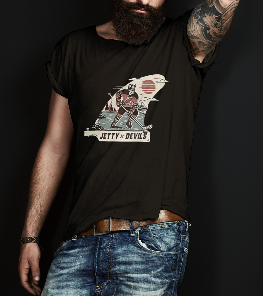 Jetty X New Jersey Devils NHL Player Vintage Skeleton Hockey Sunset Scene T-Shirt