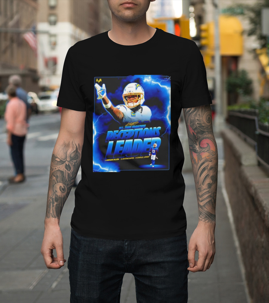 Keenan Allen Chargers All-Time Franchise Receptions Leader Lightning Theme T-Shirt