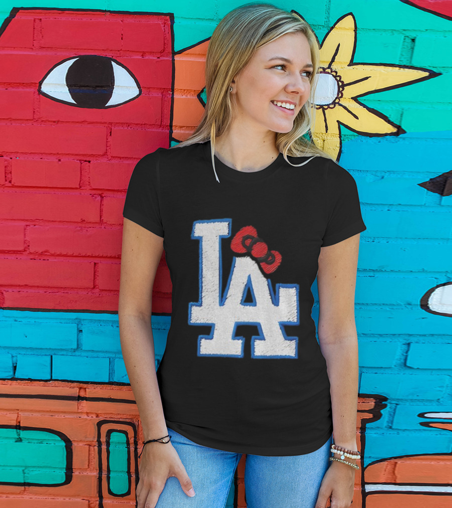 LA Dodgers Hello Kitty Bow Embroidery Collaboration T-Shirt