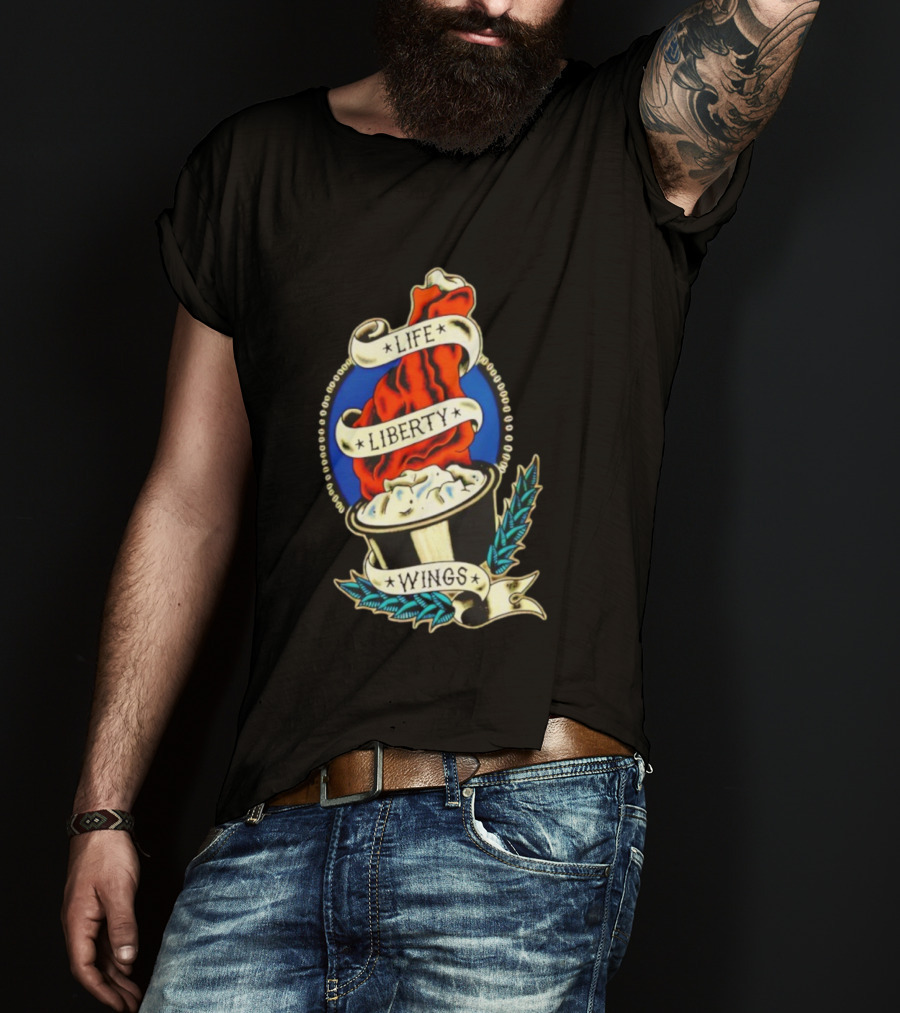 Life Liberty Wings Tattoo Style Emblem Flame And Feather Elements T-Shirt