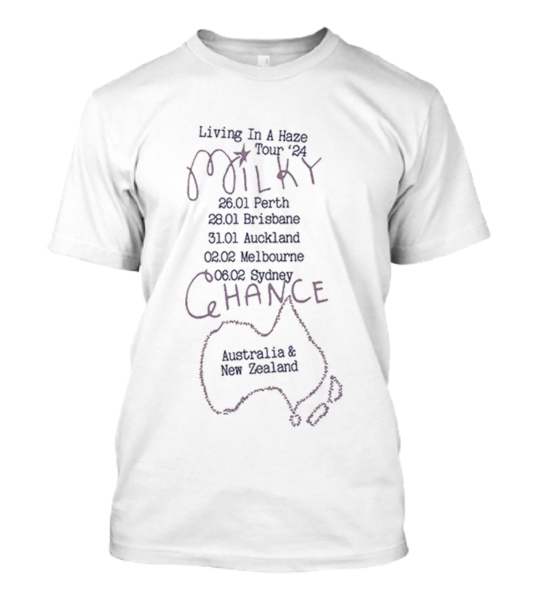 Milky Chance Living In A Haze Tour 2024 Australia New Zealand 26 Jan Perth 28 Brisbane 31 Auckland 02 Feb Melbourne 04 Sydney T-Shirt
