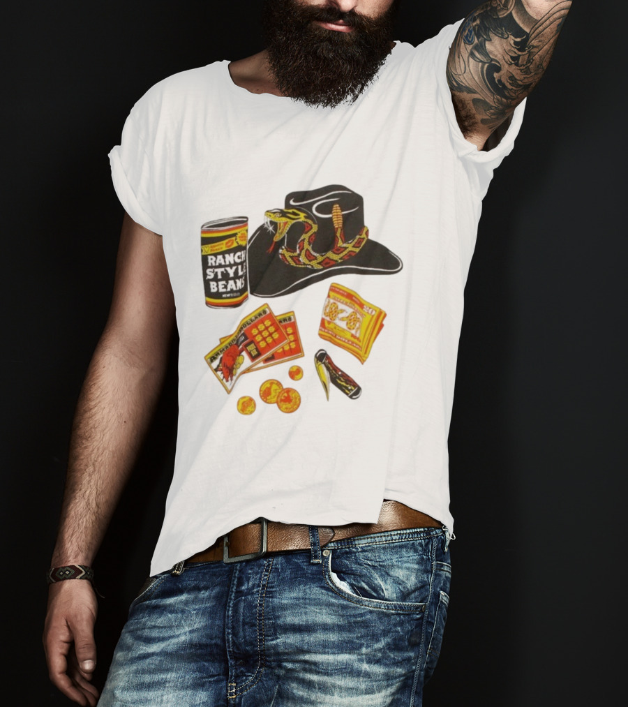 Ranch Style Beans Can Rattlesnake Cowboy Hat Texas Symbols Imagery T-Shirt