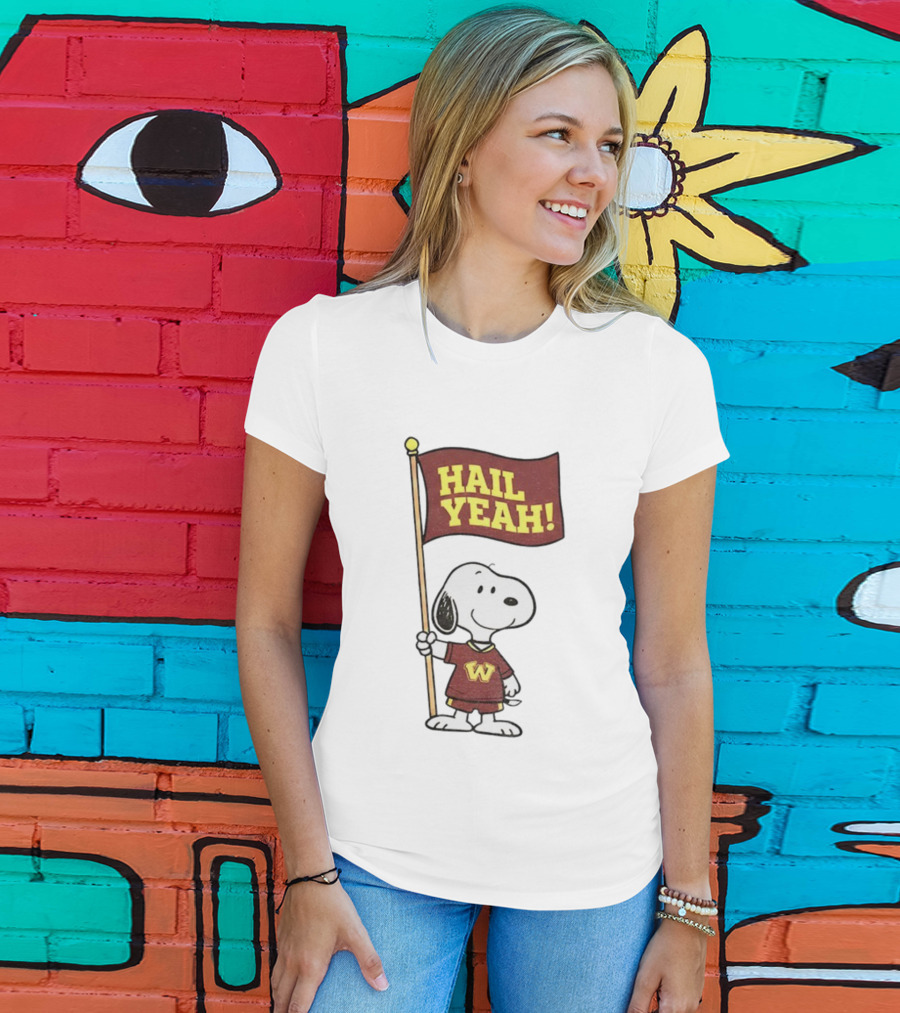 Snoopy Holding Hail Yeah Washington Commanders Flag Football Cartoon T-Shirt