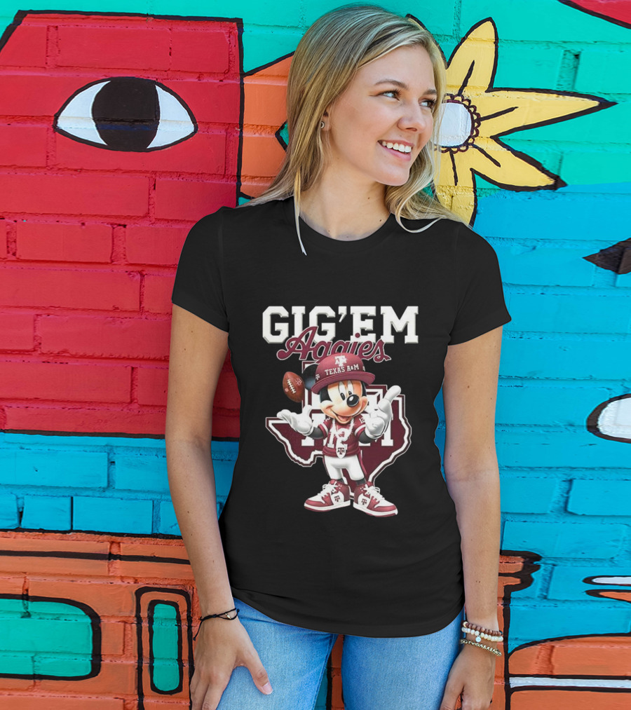 Gig’em Aggies Texas A&M Mickey Mouse Football Map T-Shirt