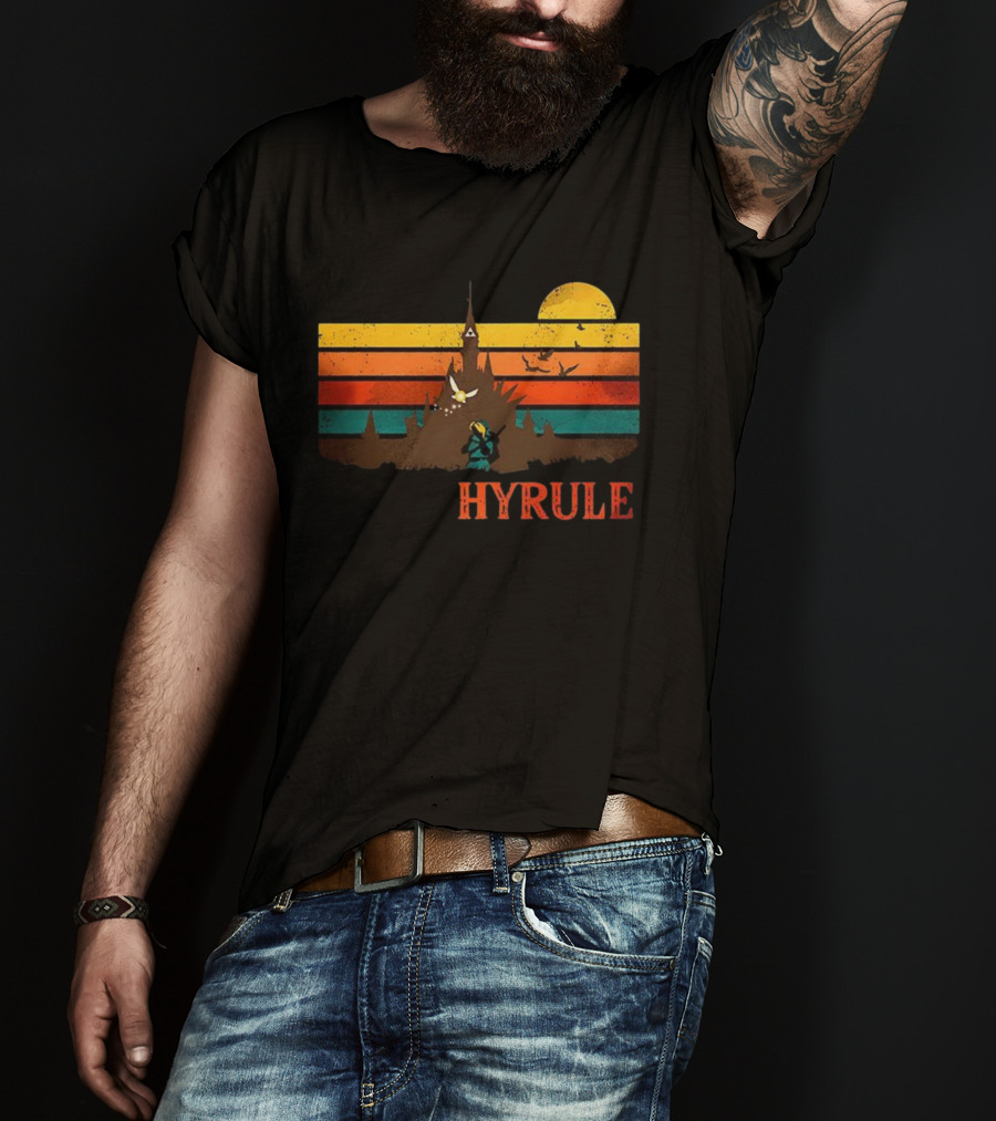 Hyrule Land Of The Gods Vintage Retro Sunset Castle And Hero Silhouette T-Shirt