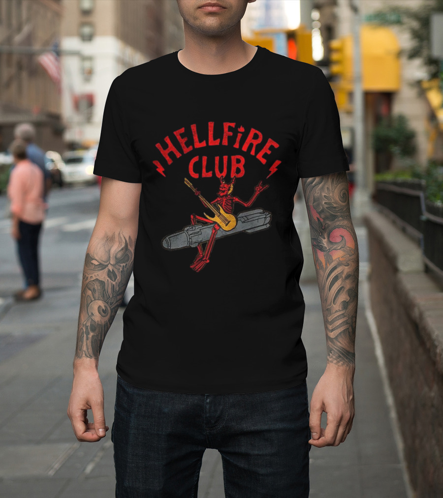 Hellfire Club Devil Riding Missile Playing Guitar T-Shirt