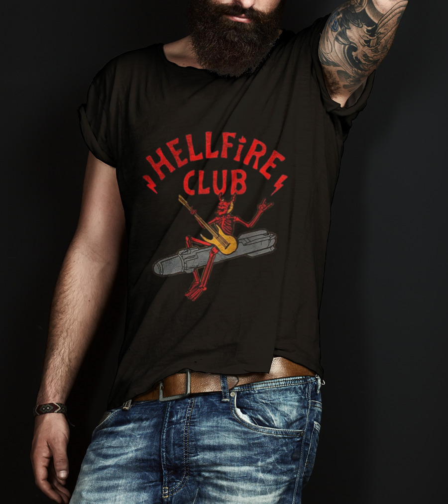 Hellfire Club Devil Riding Missile Playing Guitar T-Shirt