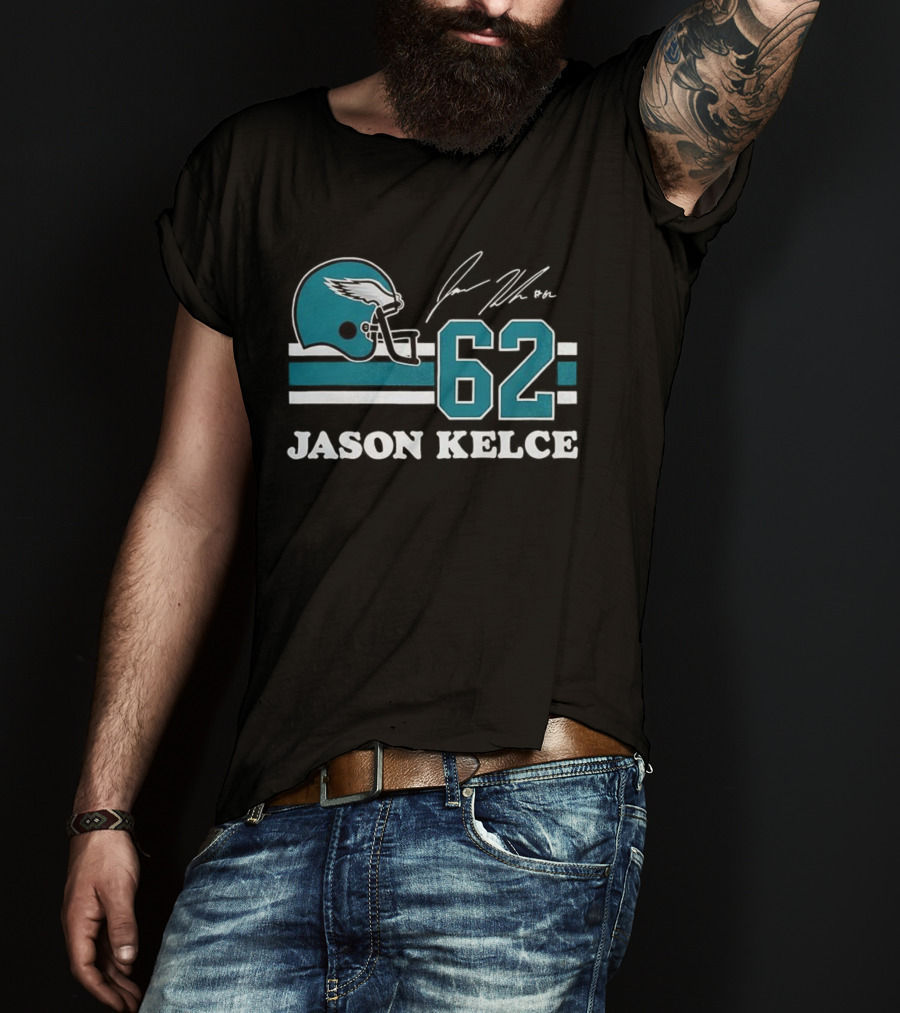 Jason Kelce Philadelphia Eagles NFL Helmet Number 62 Signature T-Shirt