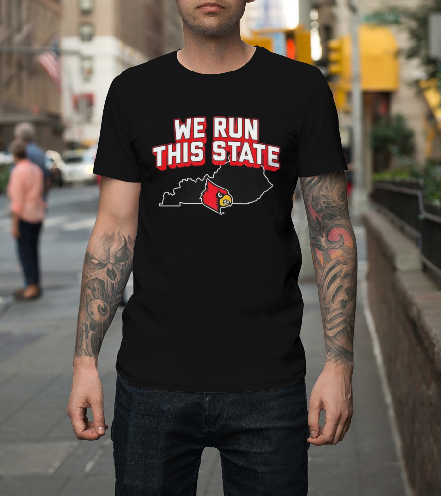 Louisville Cardinals Basketball We Run This State Kentucky Outline T-Shirt