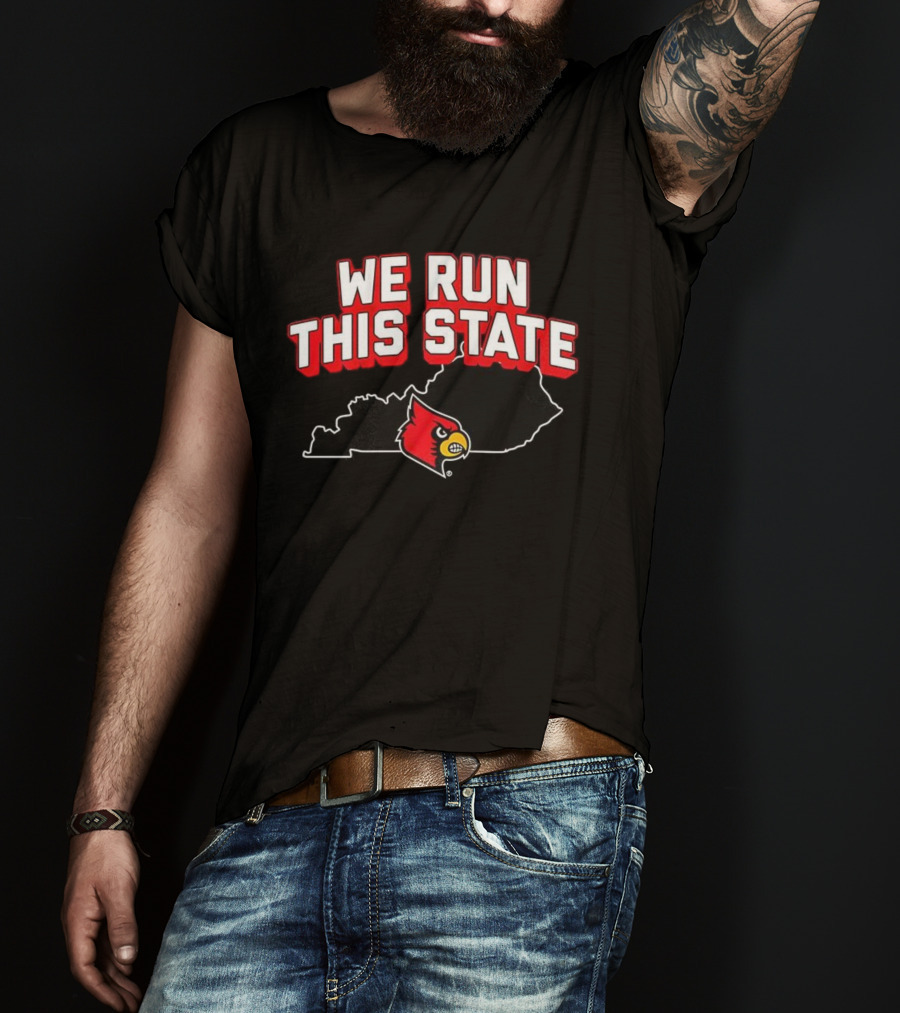 Louisville Cardinals Basketball We Run This State Kentucky Outline T-Shirt